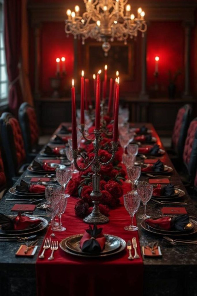 Vampire banquet with crimson velvet accents.
