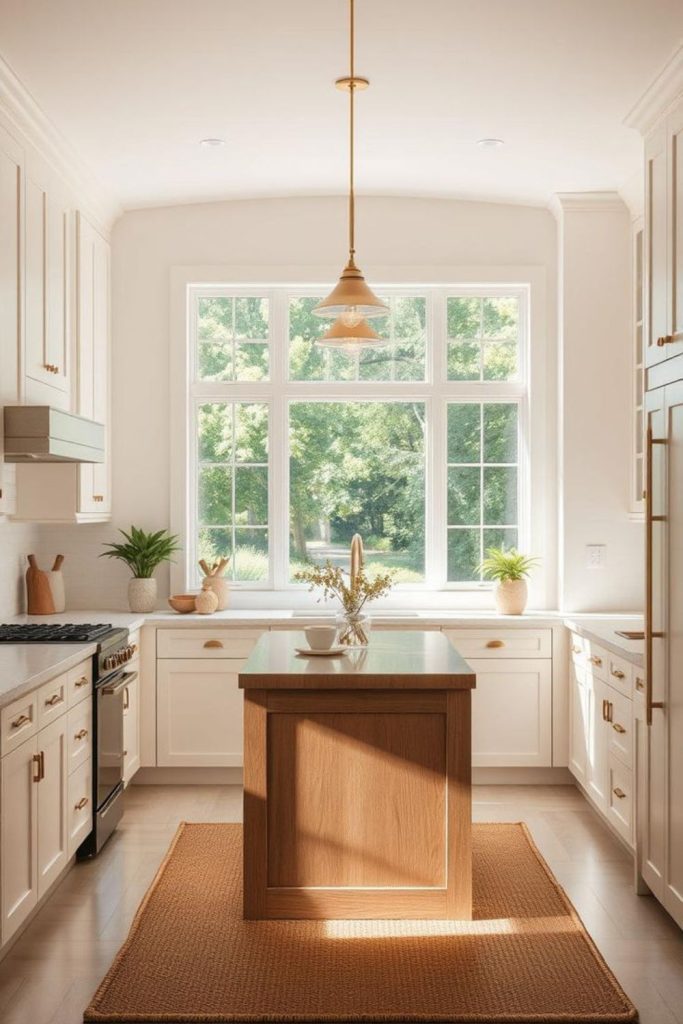 Vanilla white kitchen with oak trim.