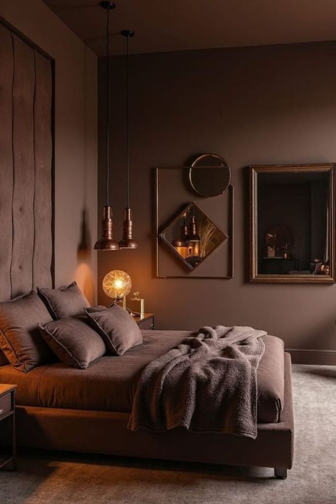 Luxurious velvet chestnut bedroom ambiance.