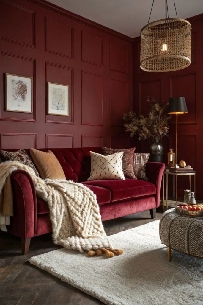 Ruby velvet elegant cozy reading room.