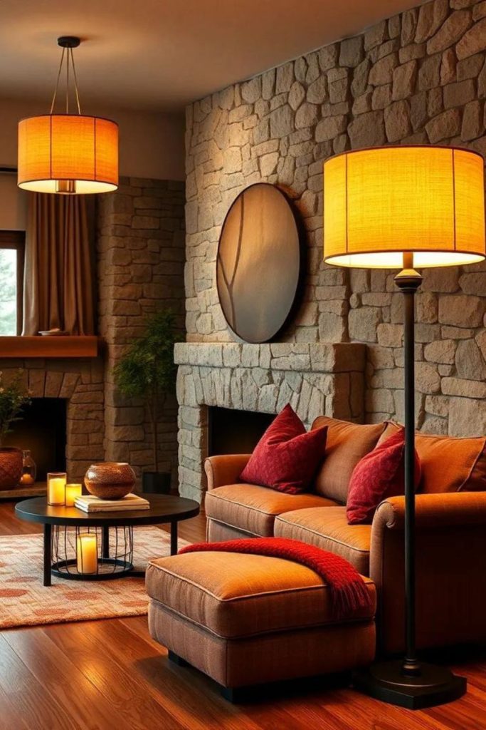 Velvet cushions under golden ember glow.