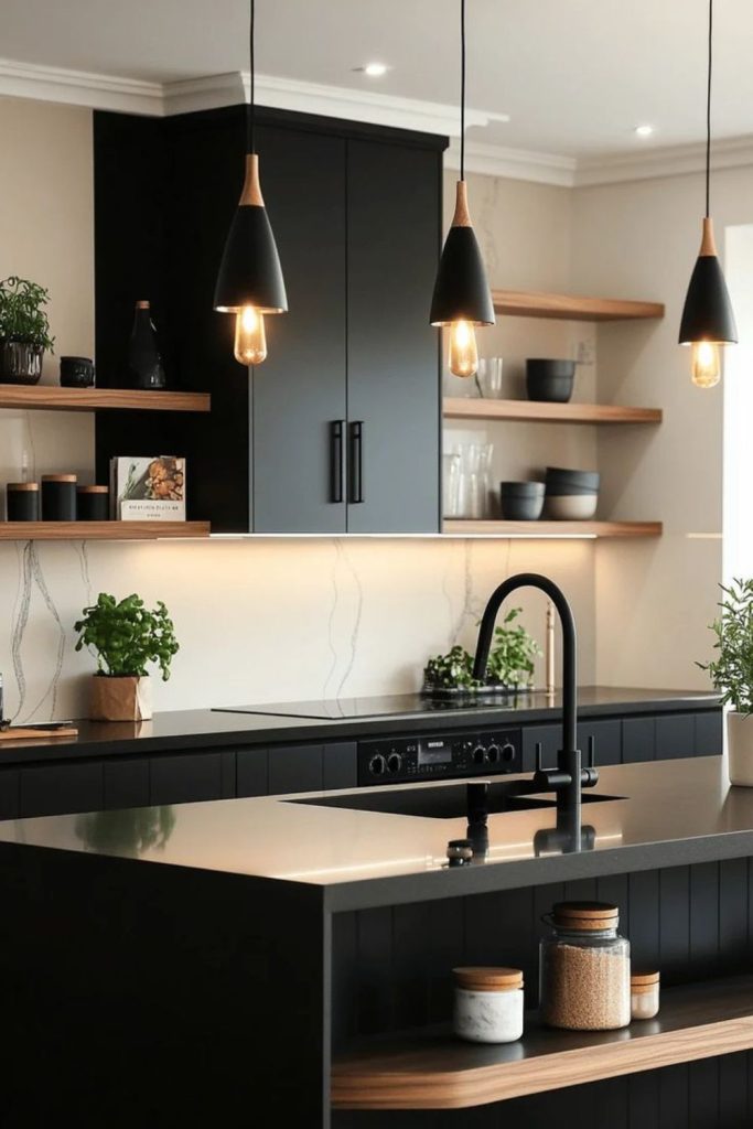 Matte black and ivory contrast kitchen.