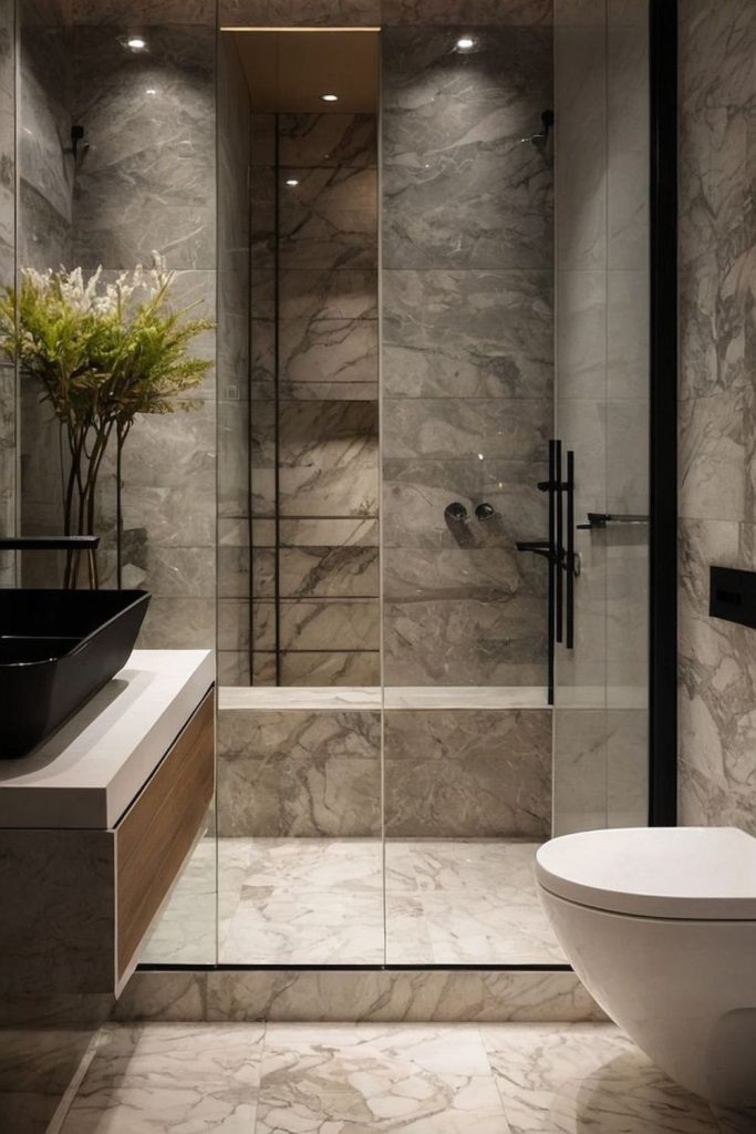 Dark stone luxury compact bathroom glow.