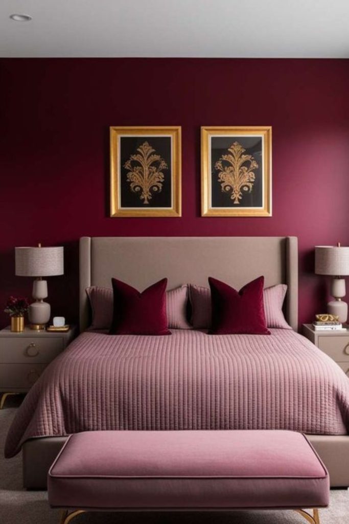 Romantic velvet twilight bedroom interior.