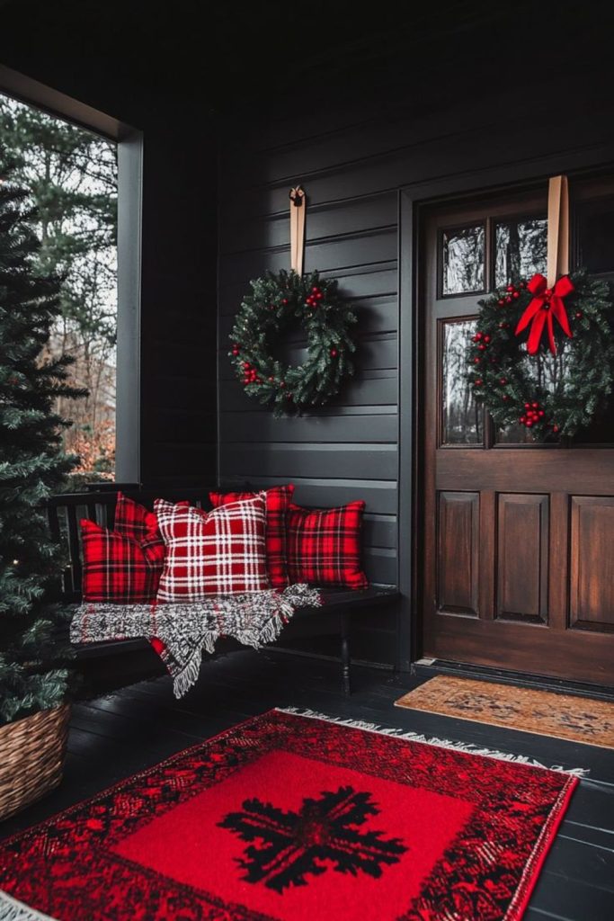 Velvet ribbon winter floral porch design.