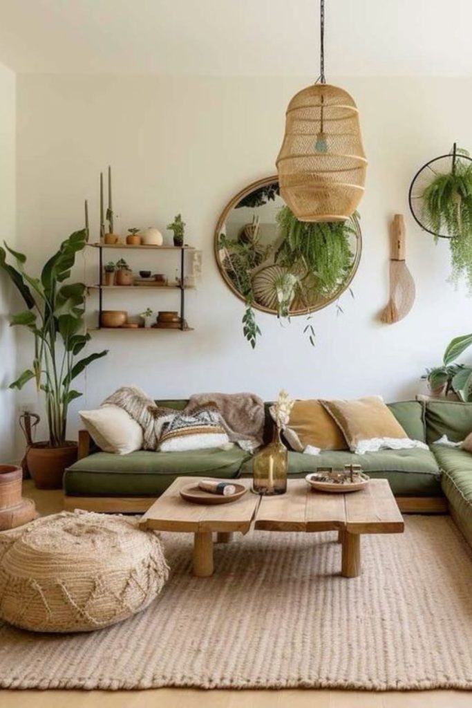Green nature-inspired earthy living space.