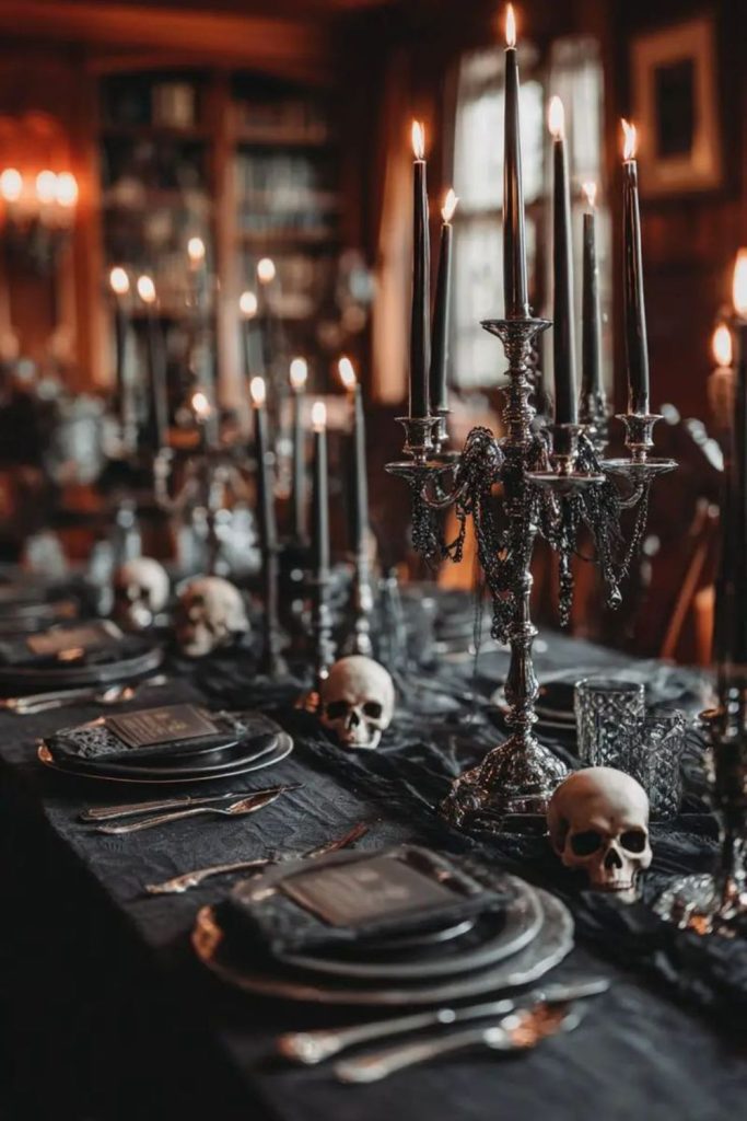 Victorian mourning table with velvet drapes.
