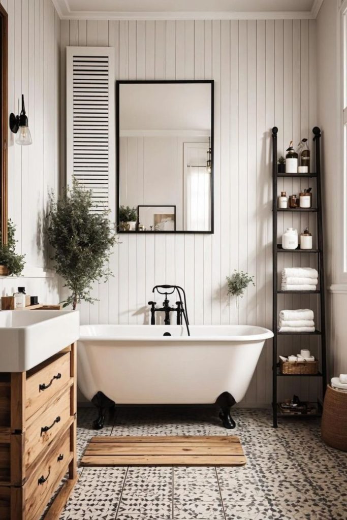 Vintage patterned black and white bathroom.
