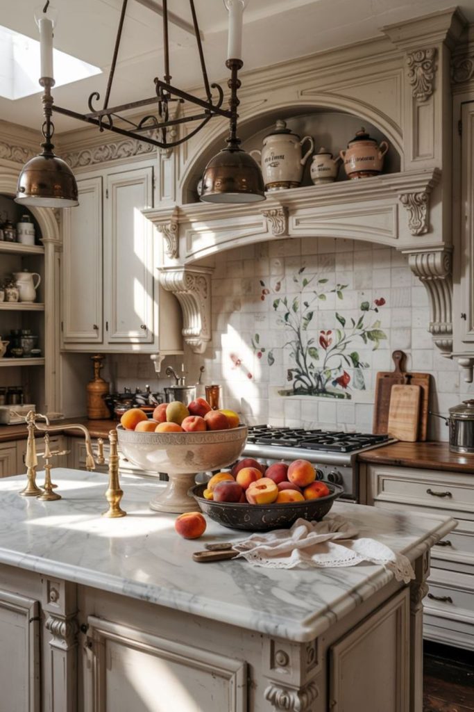 Parisian vintage kitchen with ornate details.
