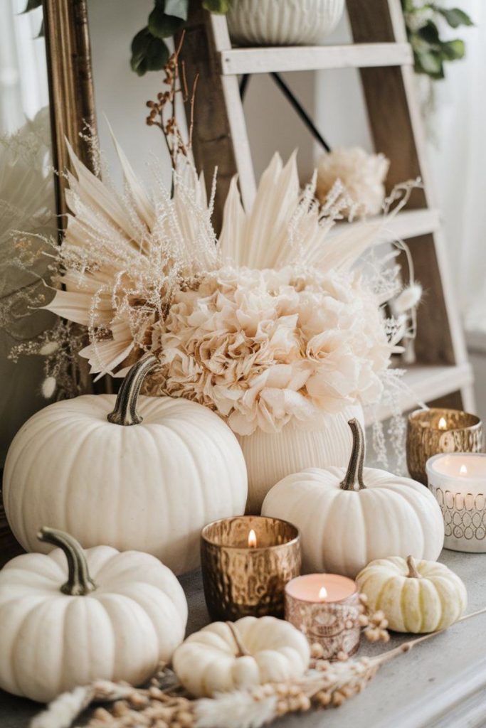 Vintage farmhouse porch with white pumpkins.