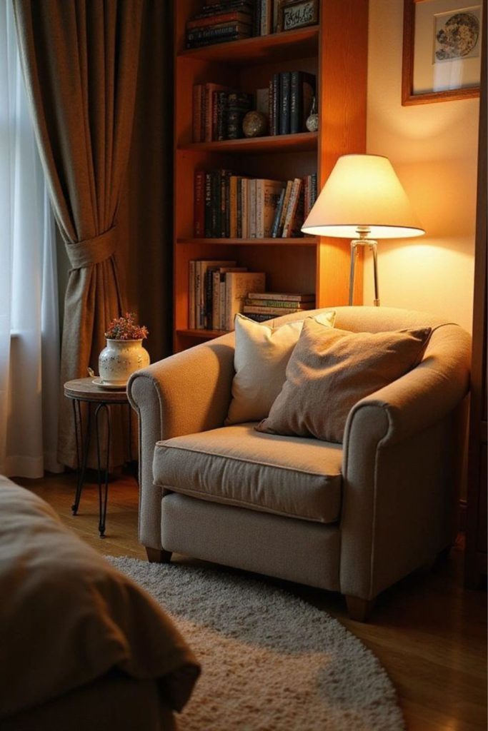 Walnut-paneled room with firelight glow.