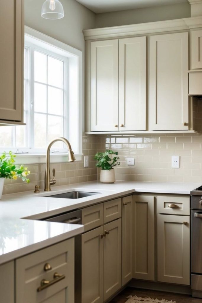 Pebble-gray kitchen with beige flooring.