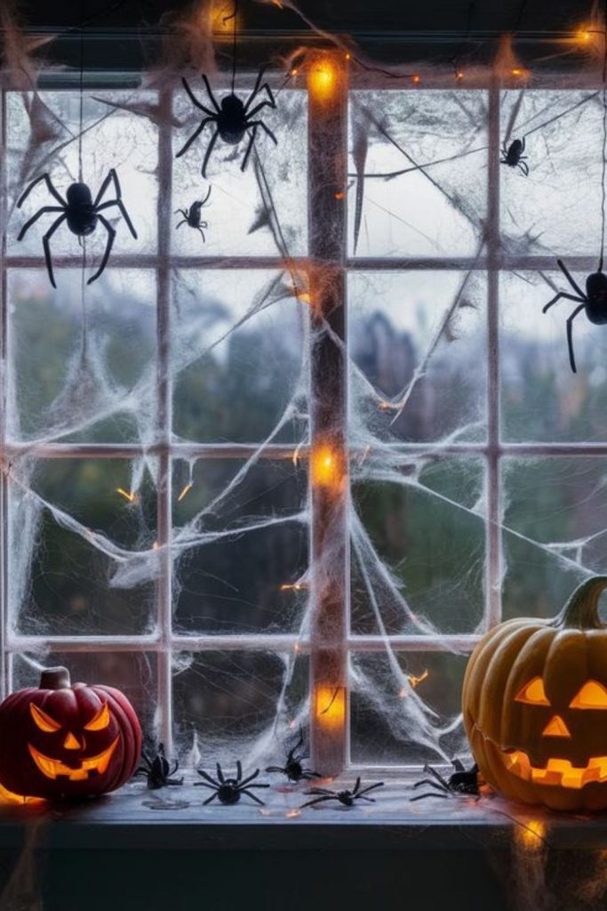 Spiderweb designs stretched across glass panes.
