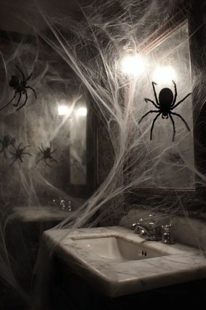 Spider web vanity Halloween bathroom decor.