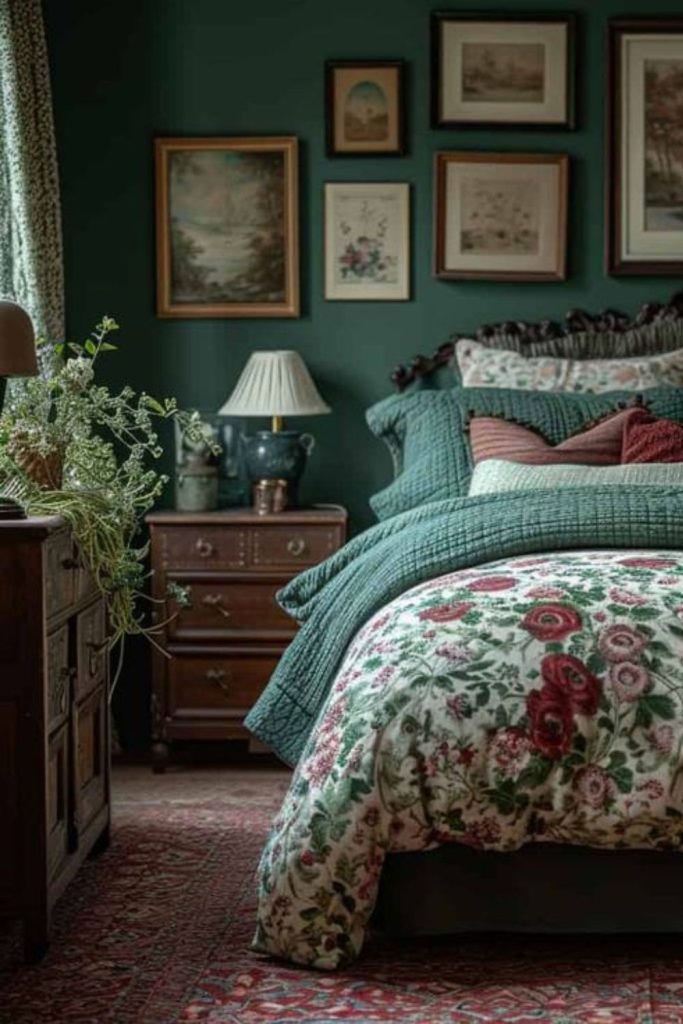 Green floral moody garden bedroom.