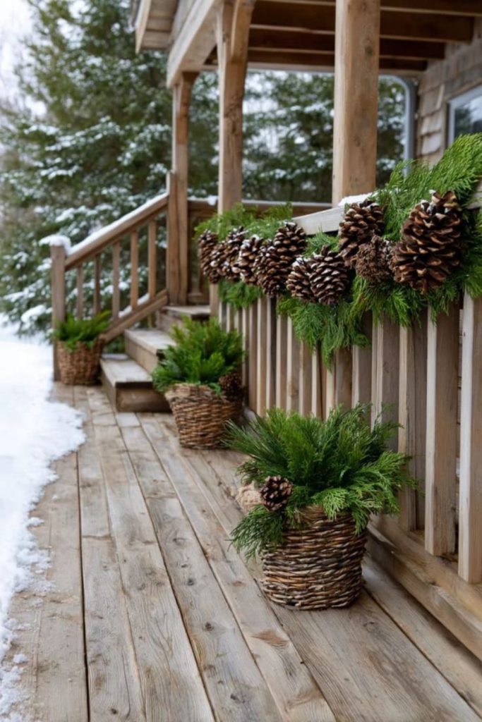 Pine-scented rustic winter doorway decor.