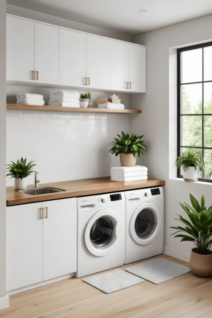 Soft white cozy mini laundry nook.