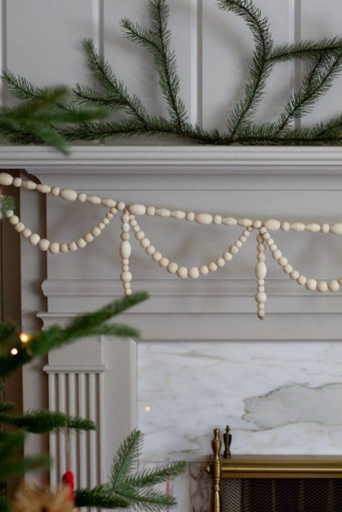 Wooden bead natural holiday garland.