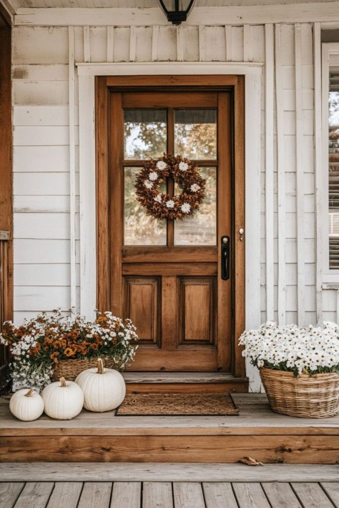 Elegant porch with white pumpkins.