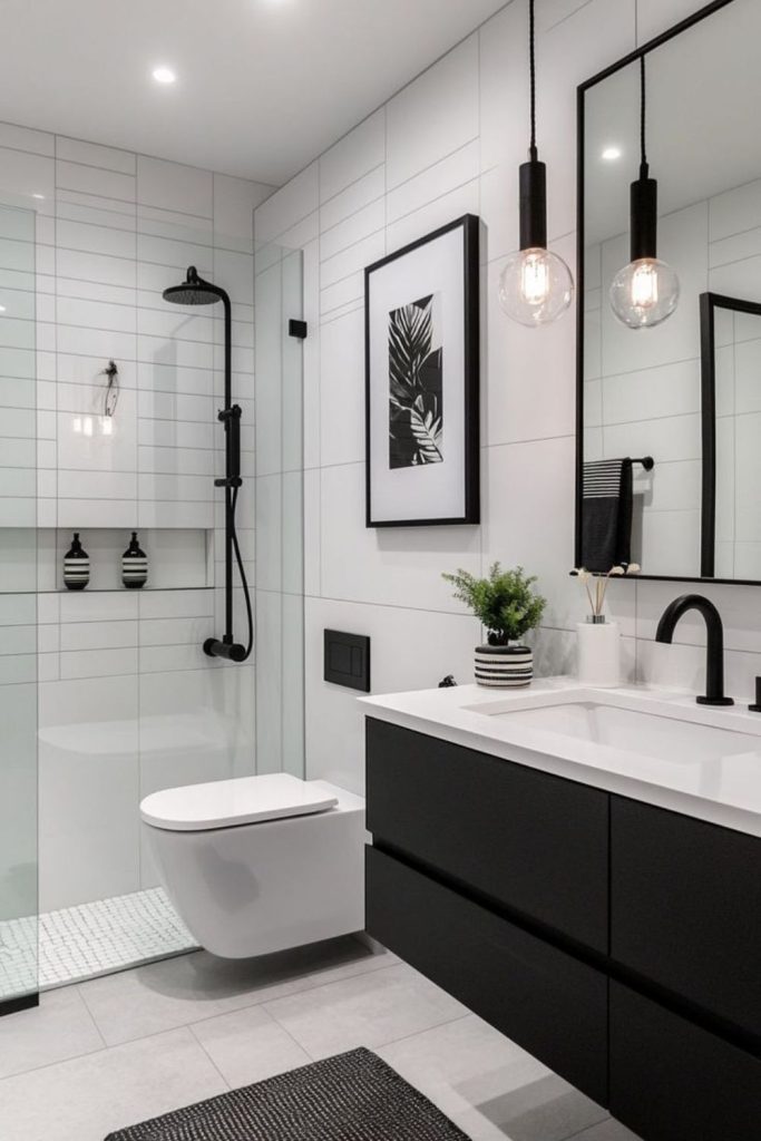White minimalist bathroom with black fixtures.