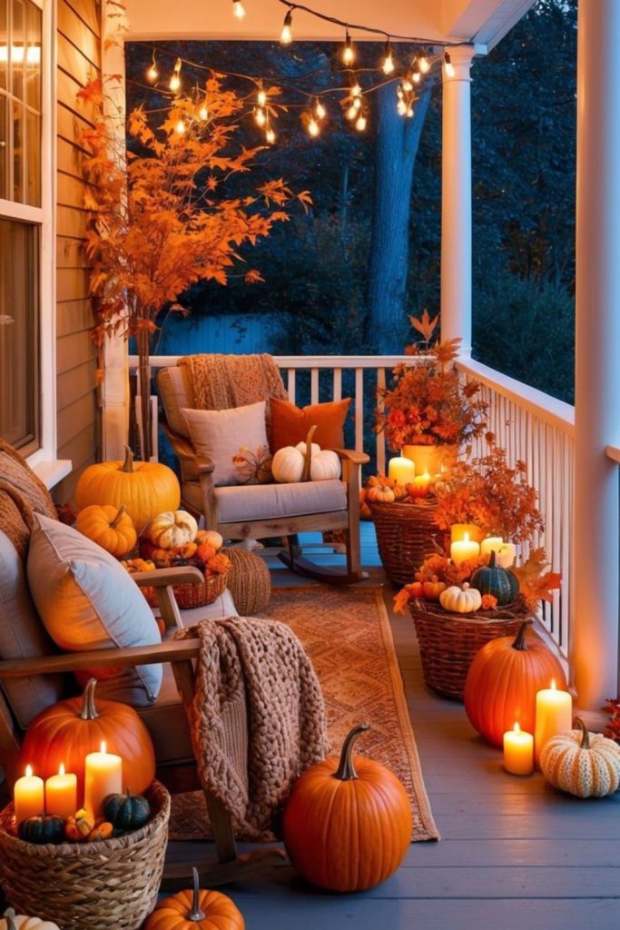 Wicker porch with autumn cushions.