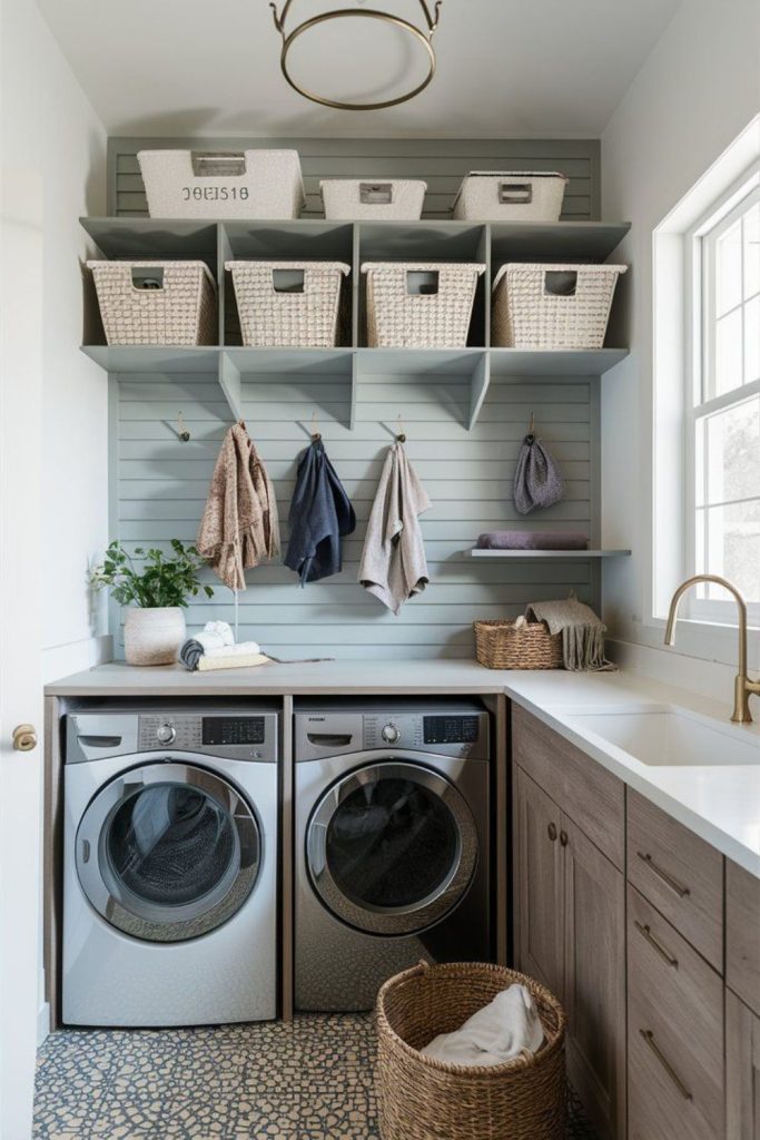 Rustic willow basket laundry wall.
