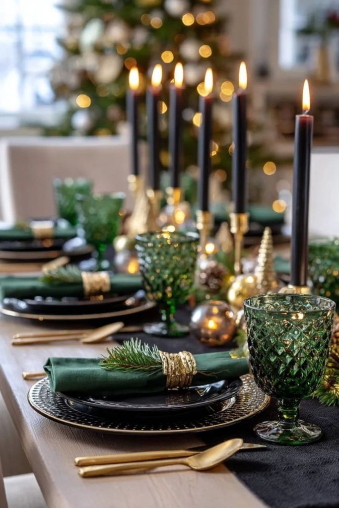 Moody black and gold winter table.