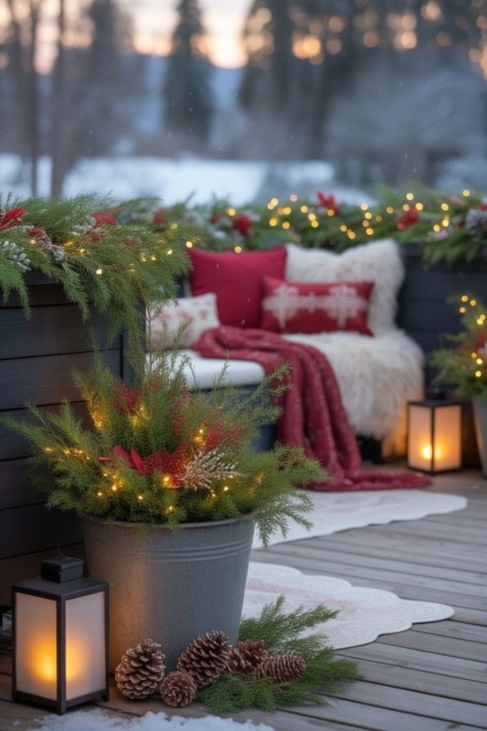 Lantern lit winter garden pathway