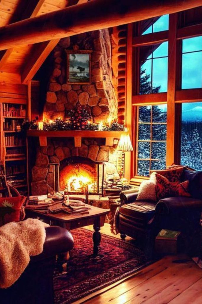 Winter lodge with glowing hearth charm.