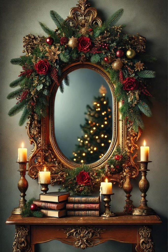 Frosted mirror framed winter decor.