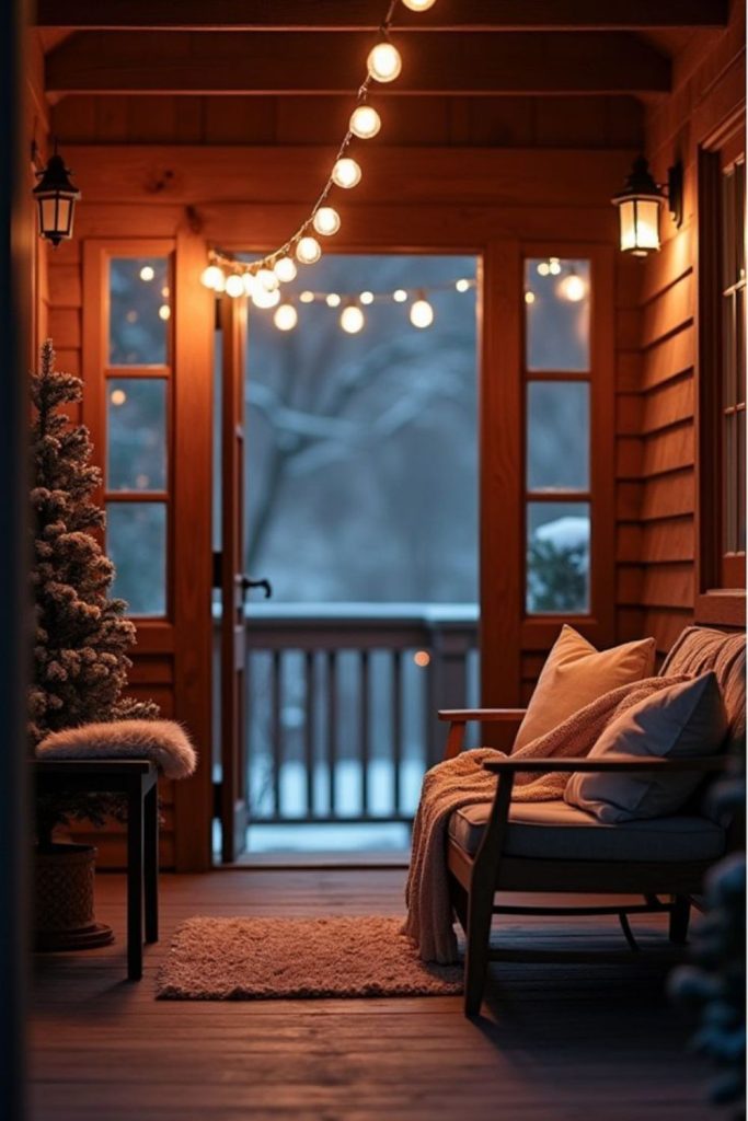 Golden solstice porch with glowing garlands.
