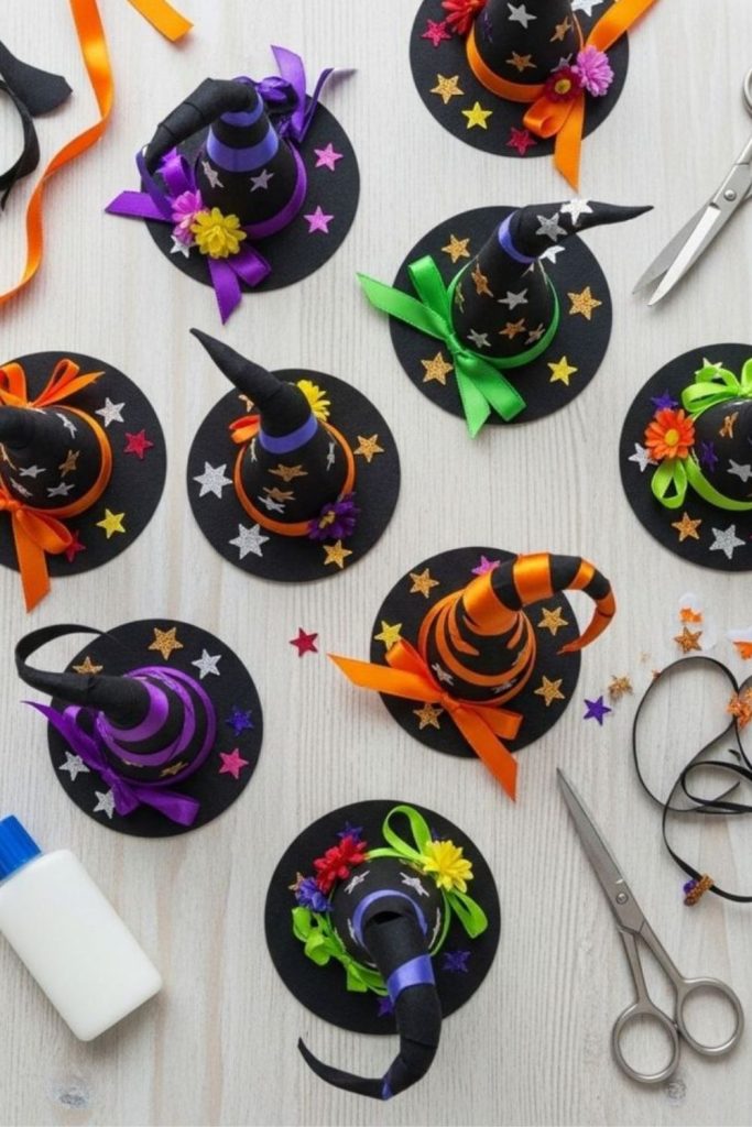 Black witch hats with shiny ribbons.