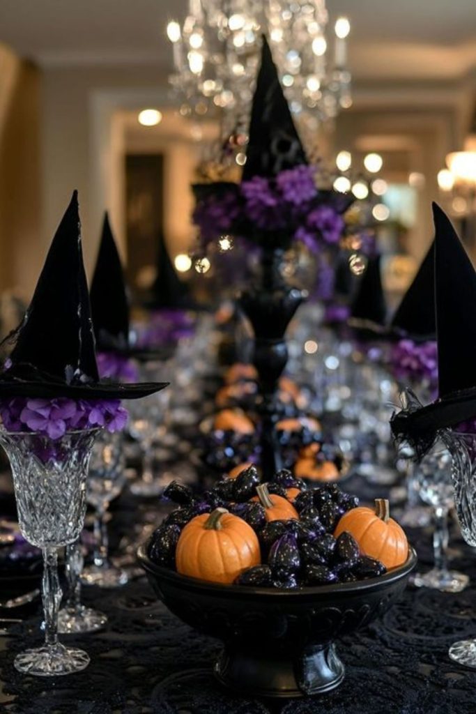 Witch hat snack holders with treats.