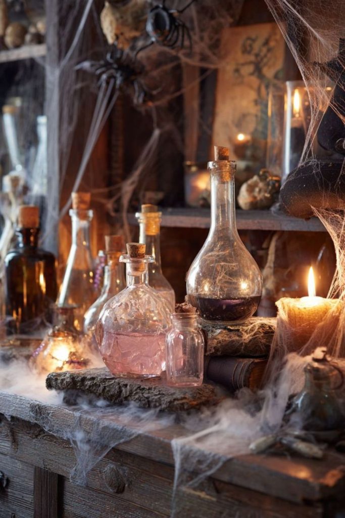 Witch apothecary jars and spellbook display.