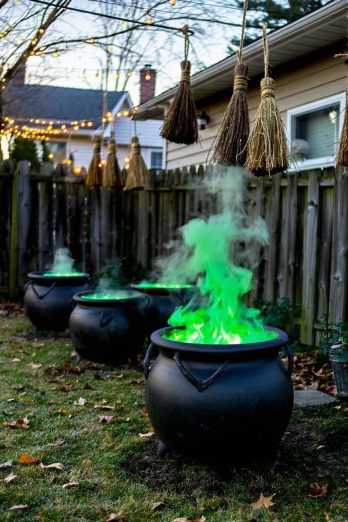 Glowing green witch cauldrons bubbling outdoors