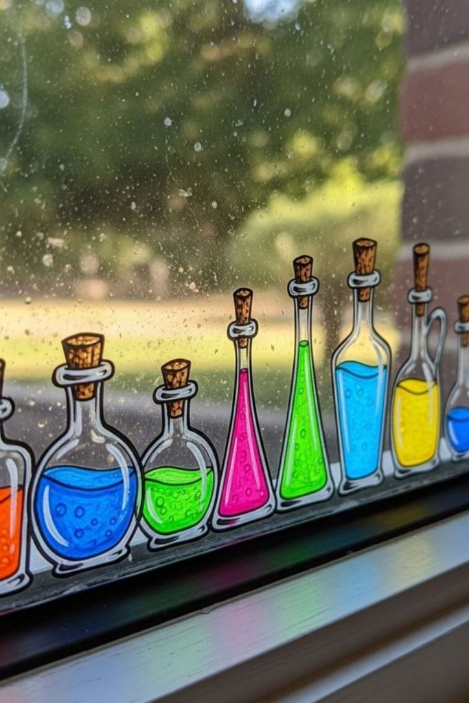 Witch potion bottles glowing on window.