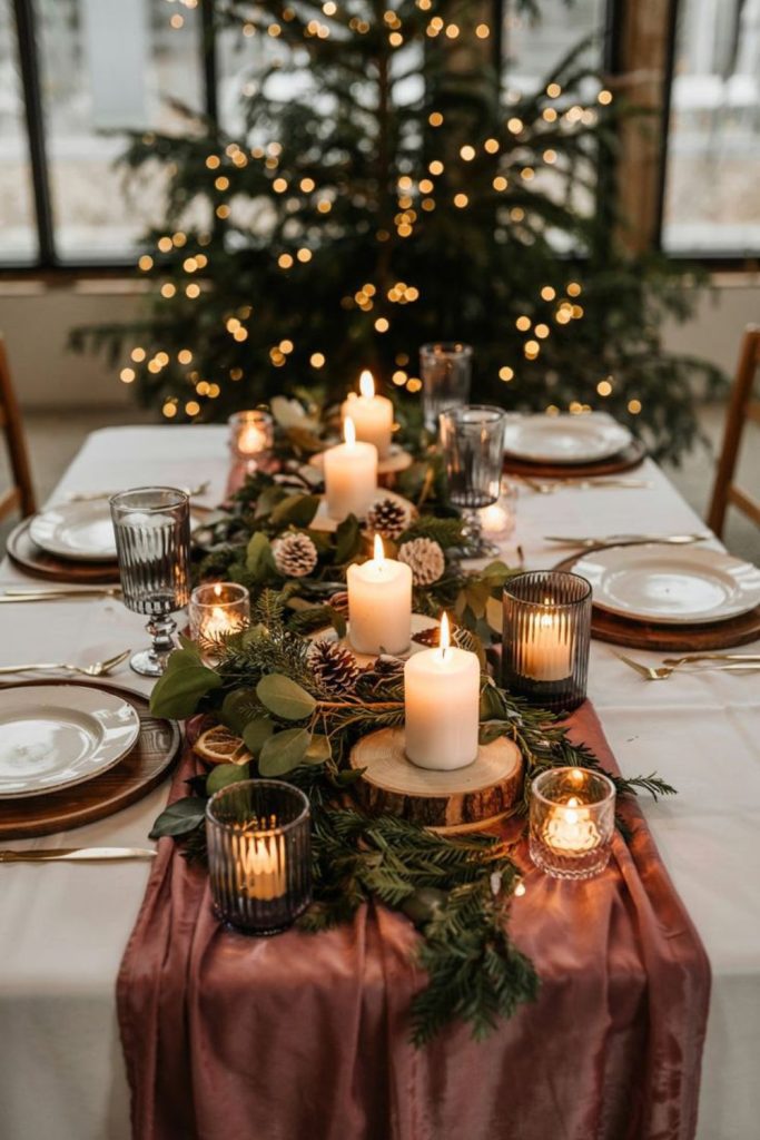 Rustic woodland candlelit winter feast.