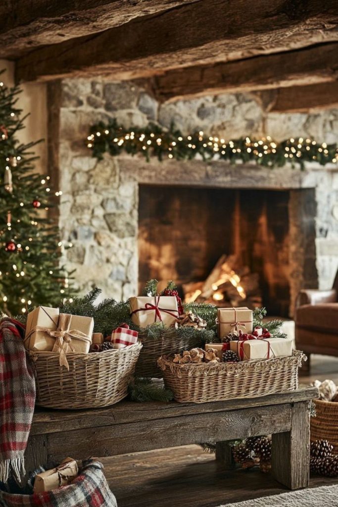 Rustic woodland cabin holiday setup