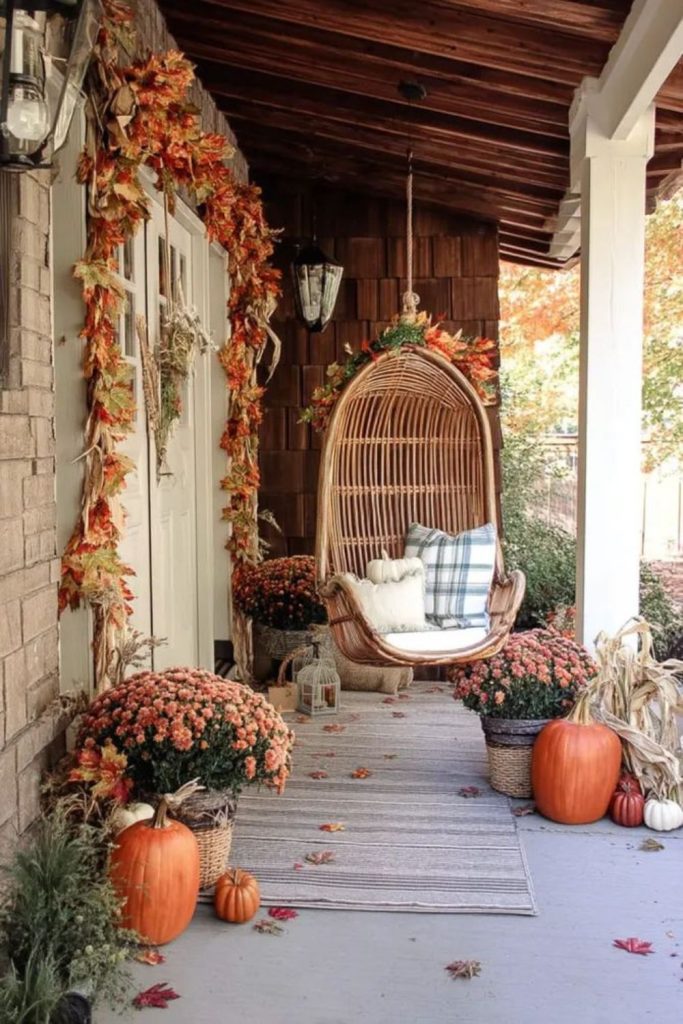 Forest cottage porch with pumpkins.