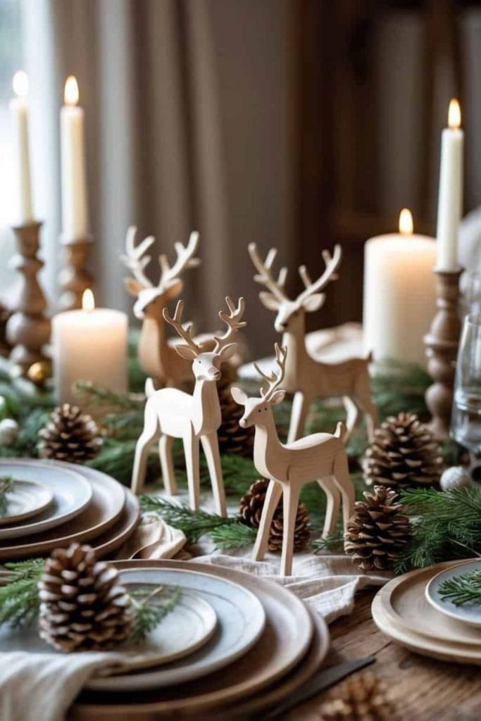 Enchanted forest-themed winter dining scene.