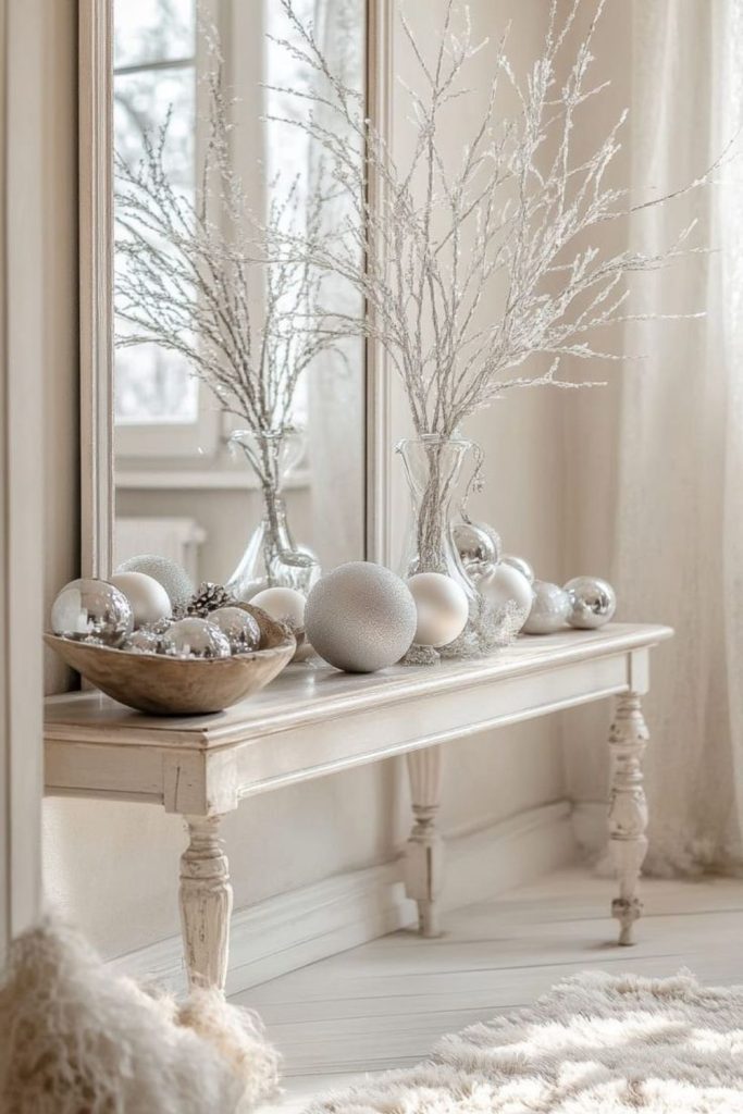 Wool rug with crystal vases and grey shimmer branches.