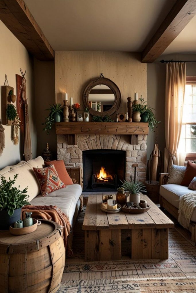 Woven-textured earthy boho living room.