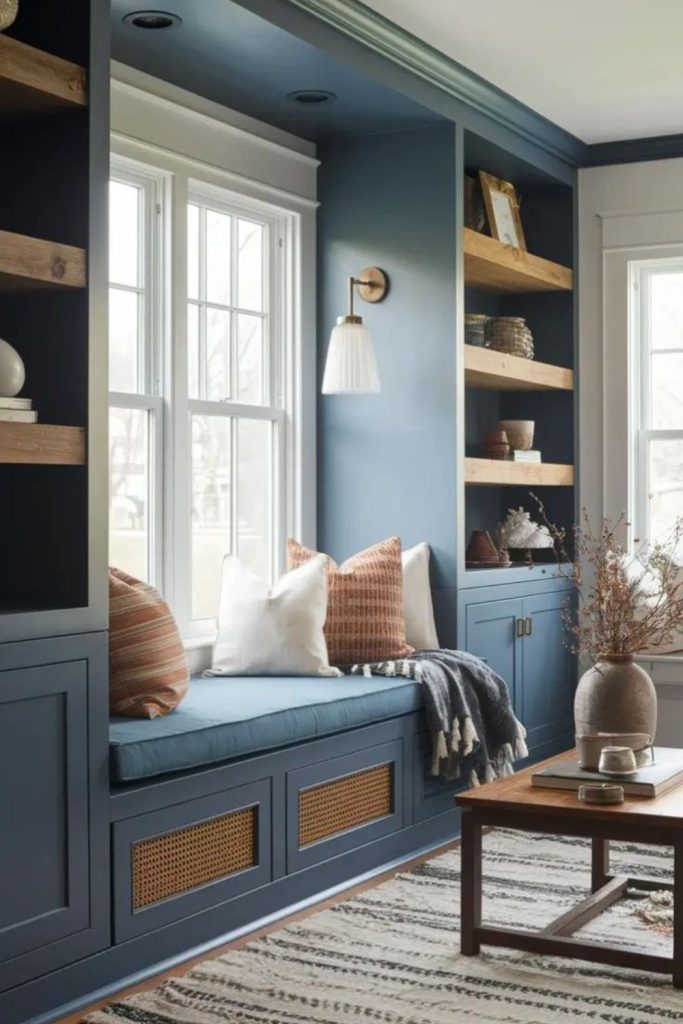 Built-in window seat with cushions and throws