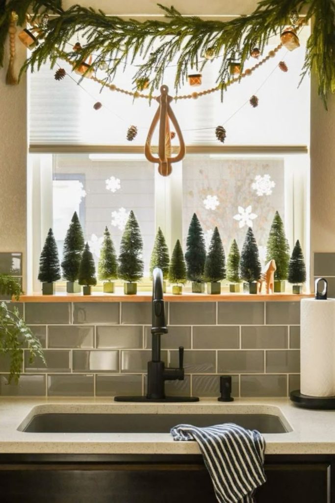 Window garland dripping winter charm.