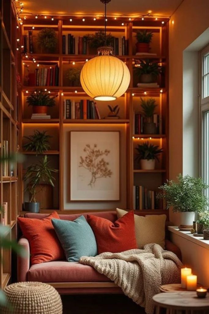 Warm amber light eclectic nook