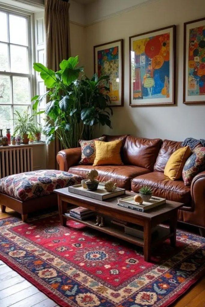 Artistic eclectic brown leather sitting