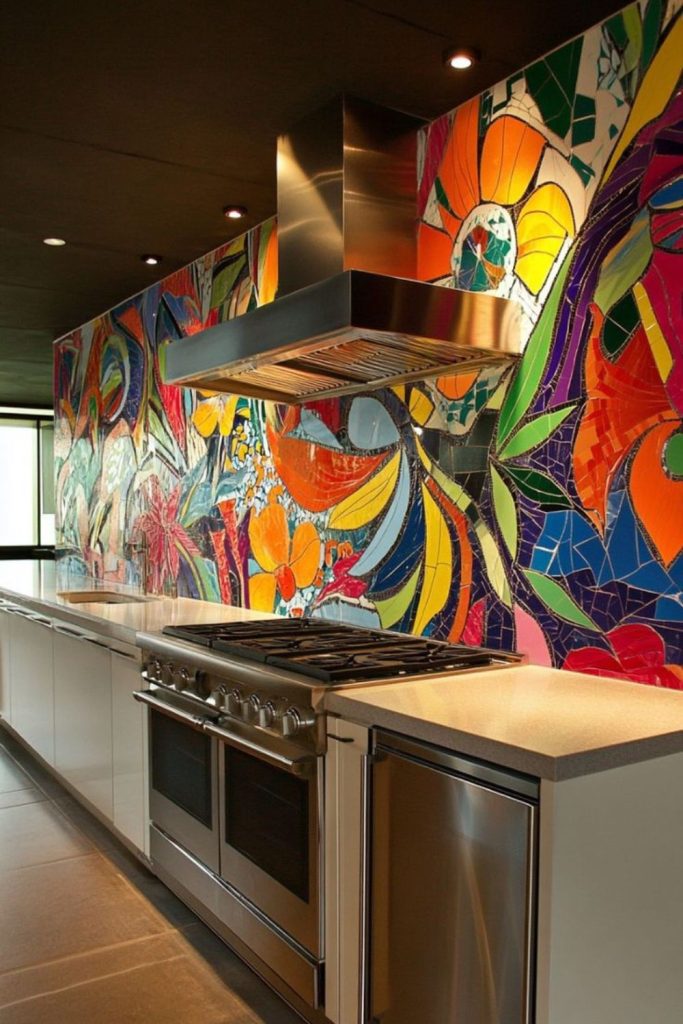 Artistic mural painted backsplash storytelling artwork