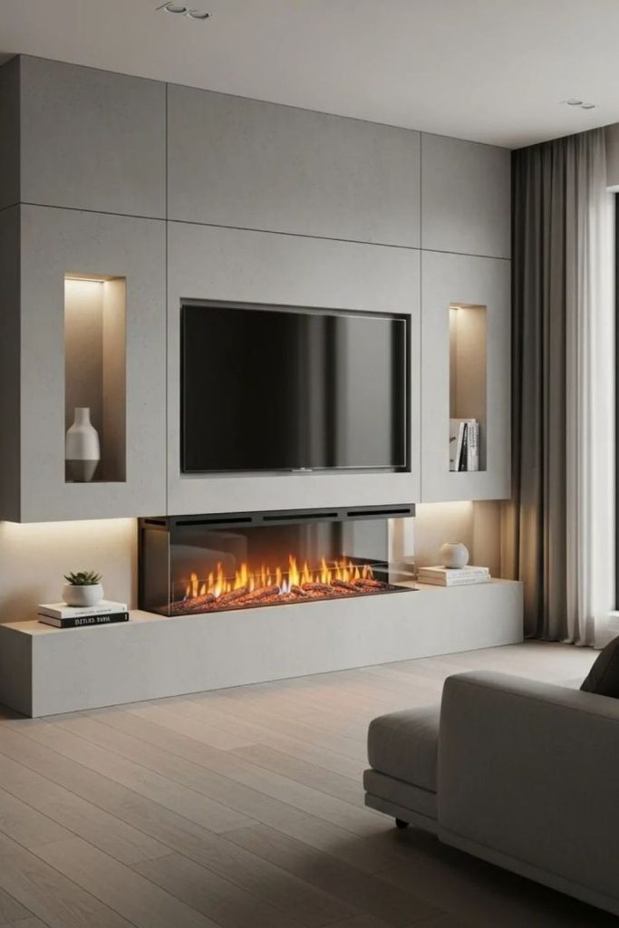 Asymmetrical slate mosaic fireplace TV wall