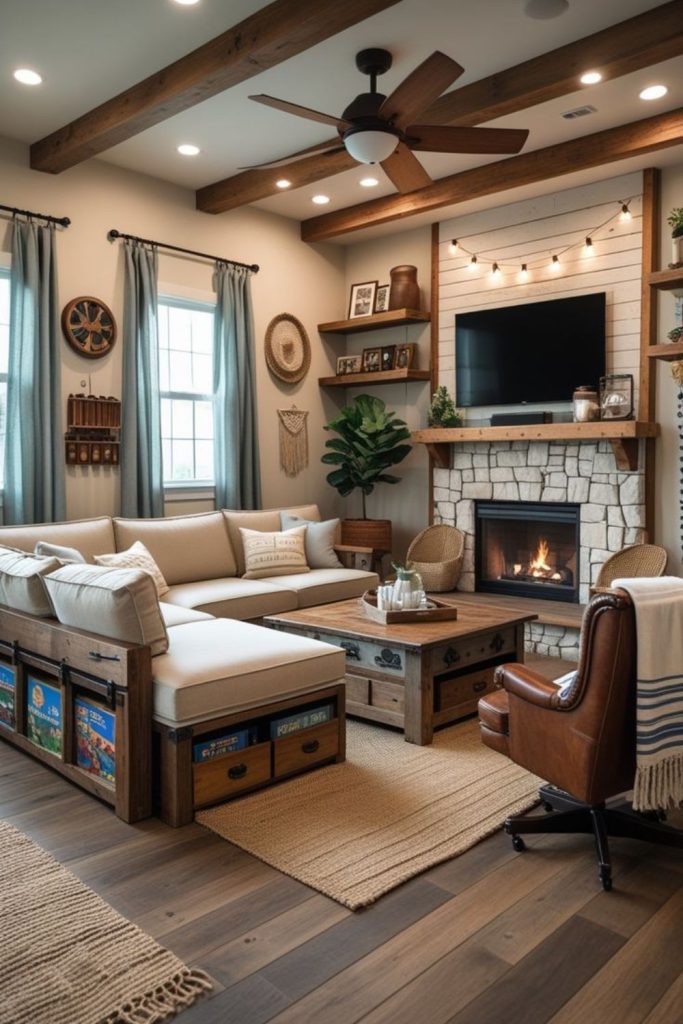 Distressed wood sofas warm textured space