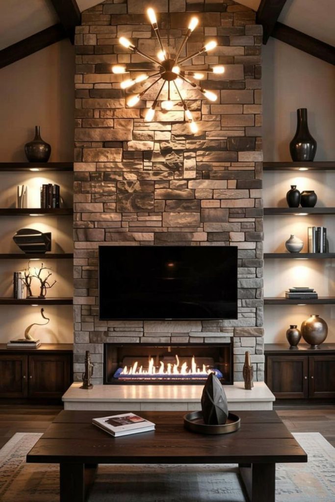 Basalt dark powerful fireplace room.